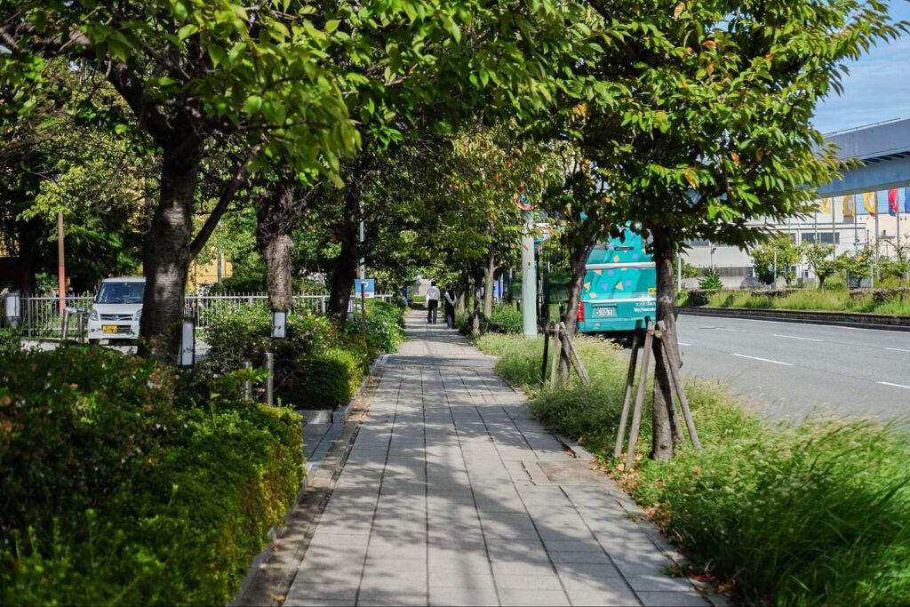 緑豊かな道を真っ直ぐ歩けば、バンドー神戸青少年科学館に到着します。